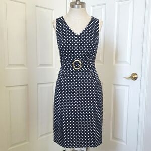 TAHARI Classic Navy Polka White Dot Sleeveless Sheath Dress Belted Waist Cotton